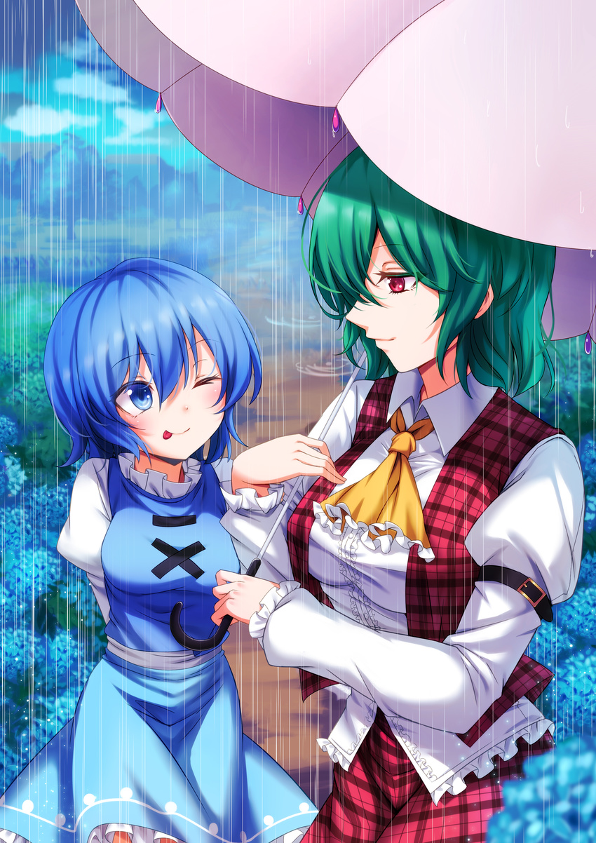 :p ;) absurdres arm_garter arms_behind_back ascot blue_eyes blue_skirt blue_vest blurry blush breasts cloud cloudy_sky collar collared_shirt commentary_request cowboy_shot day depth_of_field flower frilled_collar frills highres holding holding_umbrella hydrangea juliet_sleeves kazami_yuuka koissa large_breasts long_sleeves looking_at_another multiple_girls one_eye_closed open_clothes open_vest outdoors plaid plaid_skirt plaid_vest puffy_sleeves rain red_eyes shared_umbrella shirt short_hair skirt sky small_breasts smile tatara_kogasa tongue tongue_out touhou tree umbrella vest white_shirt