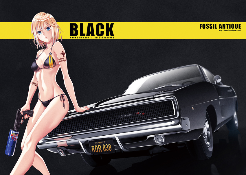 bikini blonde_hair blue_eyes car dodge dodge_charger ground_vehicle gun hamada_youho highres motor_vehicle on_vehicle original short_hair solo standing suppressor swimsuit tattoo weapon