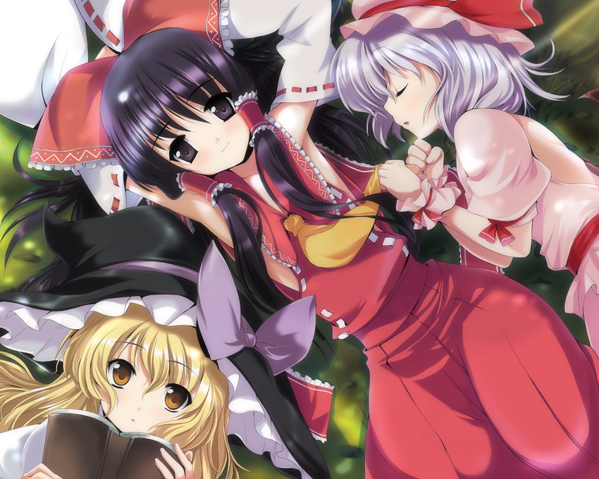 belt blonde_hair blush book bow brown_hair closed_eyes dress hair_bow hakurei_reimu hat kirisame_marisa looking_at_viewer lying mob_cap multiple_girls on_back on_side open_book pink_dress puffy_sleeves r-type_nirvana reading red_bow red_dress remilia_scarlet sleeping souryuu tareme touhou wallpaper witch_hat