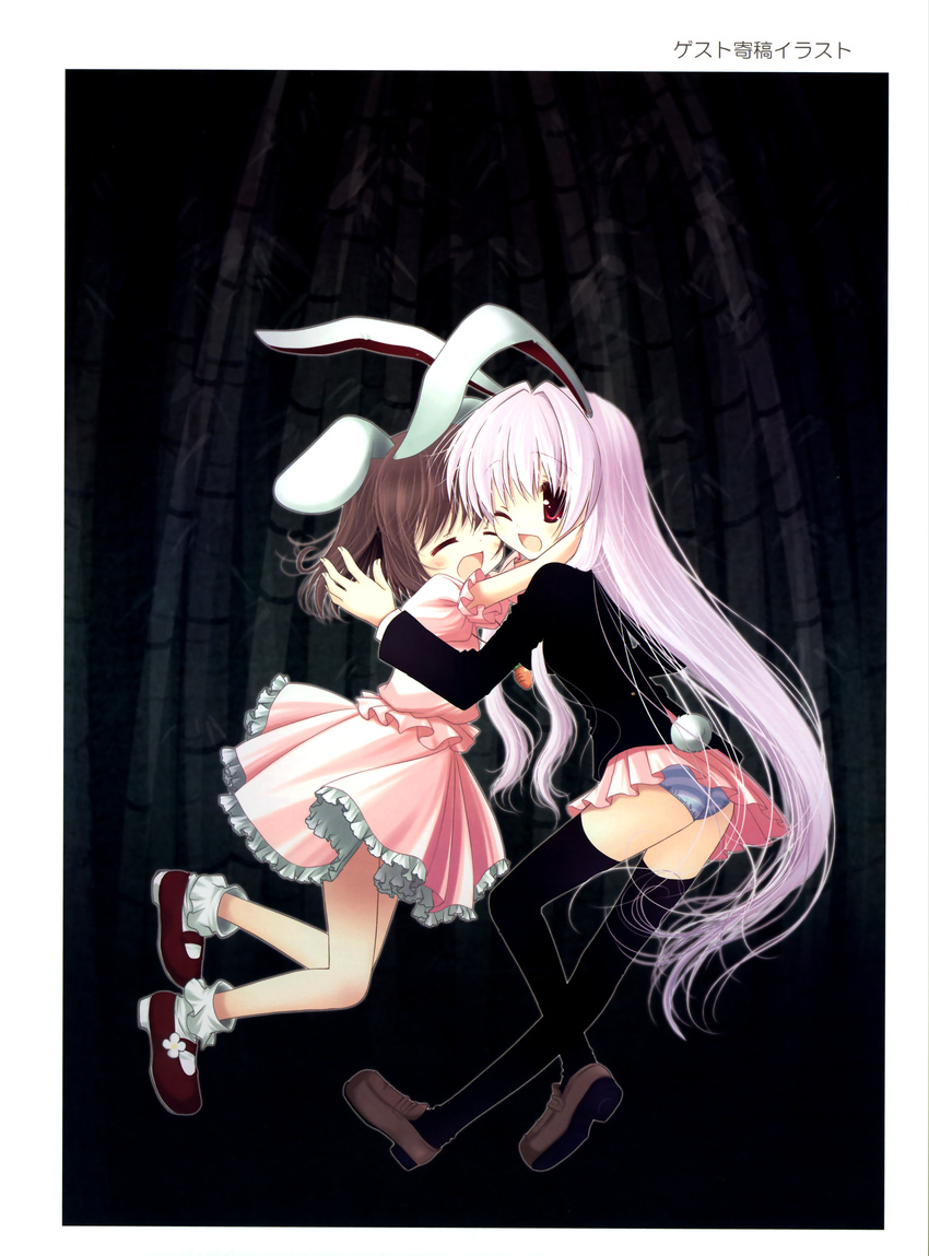 absurdres animal_ears bamboo bamboo_forest brown_hair bunny_ears bunny_tail forest futaba_miwa highres inaba_tewi jewelry long_hair multiple_girls nature panties pendant pleated_skirt purple_hair reisen_udongein_inaba skirt striped striped_panties tail thighhighs touhou underwear very_long_hair