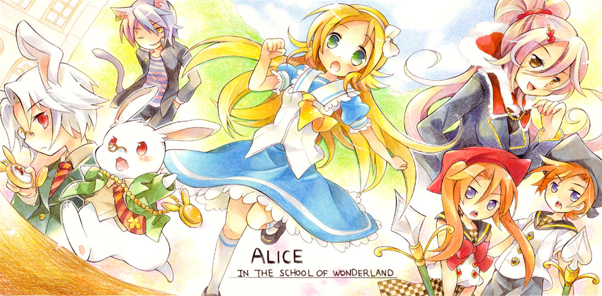 3girls alice_(wonderland) alice_in_wonderland animal_ears blonde_hair bow brown_eyes bunny cheshire_cat cloud dress earrings green_eyes grin hair_ornament hairclip hat jewelry long_hair monocle multiple_boys multiple_girls necklace necktie open_mouth pocket_watch polearm purple_eyes purple_hair red_eyes school_uniform sky smile spear tachitsu_teto tail twintails watch weapon white_hair white_rabbit yellow_eyes
