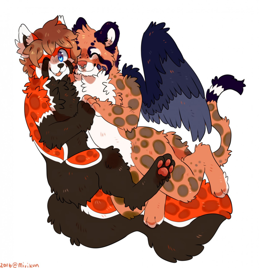 black_fur blue_eyes brown_fur brown_hair dipstick_tail duo facial_piercing feline fur hair leopard mammal mewrei miri multicolored_tail nose_piercing nude pawpads piercing red_fur red_panda simple_background smile white_fur wings