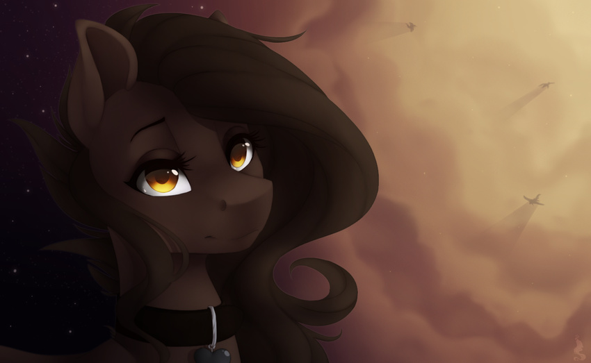 amber_eyes ambiguous_background black_hair brown_fur collar equine eyelashes fan_character female feral fur hair horse mammal my_little_pony pony silentwulv smile solo