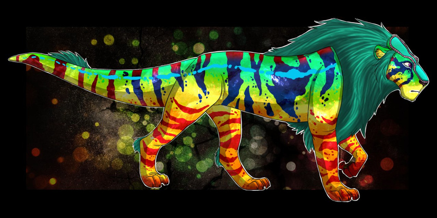2013 4_fingers 4_toes abstract_background bent_arm black_background blue_stripes cel_shading chameleon cyan_mane cyan_stripes cyan_tuft digital_media_(artwork) digital_painting_(artwork) digitigrade elbow_tufts facial_hair fcsimba feline feral head_crest heel_tuft hybrid lion lizard male mammal mane mane_hair nude panther pawpads purple_eyes quadruped rainbow_scales raised_arm red_stripes reptile retractable_claws scalie shaded side_view sideburns simple_background solo spotted_scales striped_scales stripes tail_tuft thick_tail toes tuft walking white_lips