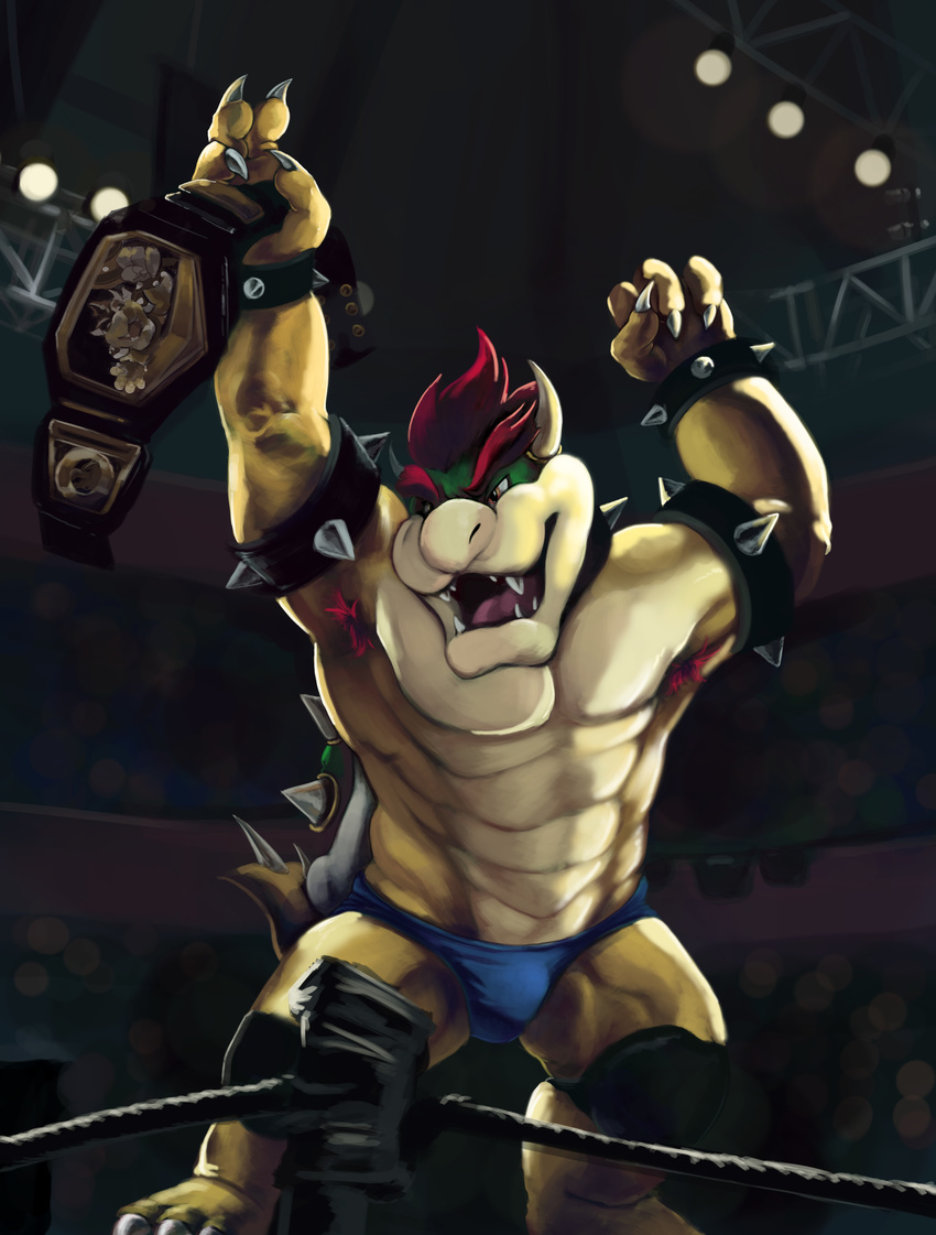 2016 absurd_res anthro armpit_hair armpits belt bowser bracelet carbontrap celebration claws clothed clothing collar cream_scales crowd front_view group hair hi_res holding_object horn jewelry koopa male mario_bros multicolored_scales muscular muscular_male nintendo open_mouth orange_eyes pecs plantigrade raised_arm red_hair rope scales scalie sharp_teeth smile solo spiked_armlet spiked_bracelet spiked_collar spikes spotlight stadium standing teeth thong topless video_games winner wrestler yellow_scales