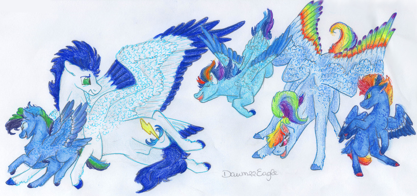 absurd_res blue_feathers blue_fur blue_hair cutie_mark dawn22eagle equine eyes_closed feathered_wings feathers female feral friendship_is_magic fur green_eyes green_hair group hair hi_res hooves male mammal multicolored_feathers multicolored_hair my_little_pony orange_hair pegasus pink_eyes rainbow_dash_(mlp) rainbow_feathers rainbow_hair red_hair simple_background soarin_(mlp) traditional_media_(artwork) white_background wings wonderbolts_(mlp) young