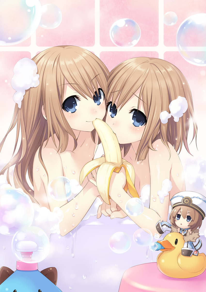 :&lt; banana banana_peel bangs bare_shoulders bath bath_stool bathing bathtub blanc blue_eyes blush blush_stickers bottle breasts brooch brown_hair bubble bubble_bath character_doll chibi closed_mouth collarbone convenient_censoring dated dogoo eating food frilled_hat frills from_side fruit fur_trim hat highres holding holding_food holding_fruit jewelry jitome light_smile long_hair long_sleeves looking_at_viewer mouth_hold multiple_girls neck_ribbon neptune_(series) nude official_art parted_bangs partially_submerged raised_eyebrows ram_(choujigen_game_neptune) ribbon riding rom_(choujigen_game_neptune) rubber_duck sexually_suggestive shared_bathing shared_food short_hair siblings sisters sleeve_cuffs sleeves_past_wrists small_breasts smile soap_bottle soap_bubbles soap_censor stool tile_wall tiles toy triangle_mouth tsunako twins upper_body v-shaped_eyebrows wet
