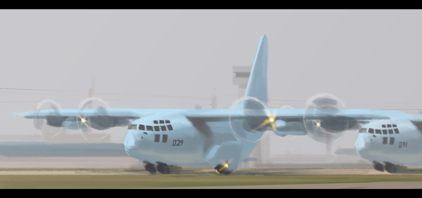 airplane airport c-130_hercules commentary_request completion_time control_tower furukawa_herzer highres letterboxed military no_humans original overcast power_lines propeller runway sketch transport_plane