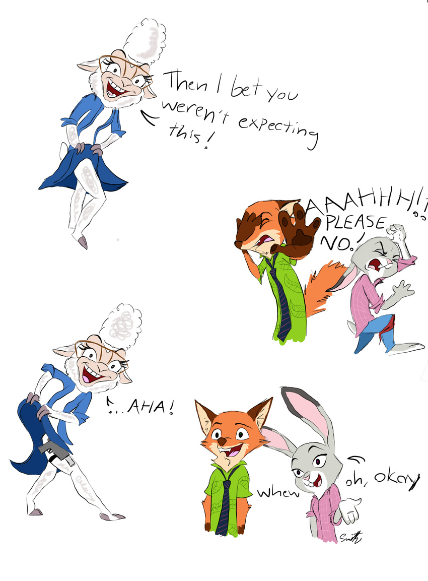 anthro buckteeth canine caprine clothing dawn_bellwether disgusting disney eyewear fox fur glasses grey_fur gun invalid_tag judy_hopps lagomorph long_ears mammal necktie nick_wilde orange_fur parody quirky-middle-child rabbit ranged_weapon sheep smile teeth weapon wool zootopia