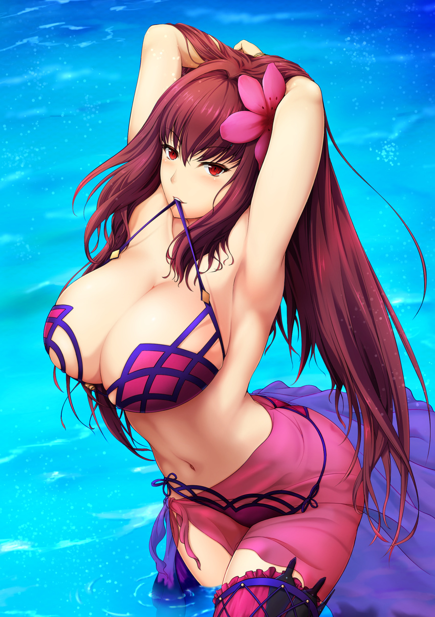 bikini bol_(liliymimi) cleavage fate/grand_order scathach_(fate/grand_order) swimsuits thighhighs weapon