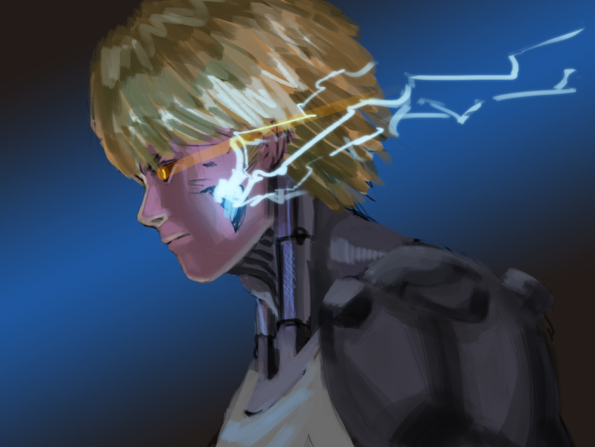 blonde_hair cyborg damaged electricity from_side furukawa_herzer genos glowing_lines highres male_focus mechanical_parts one-punch_man simple_background solo sparks yellow_eyes