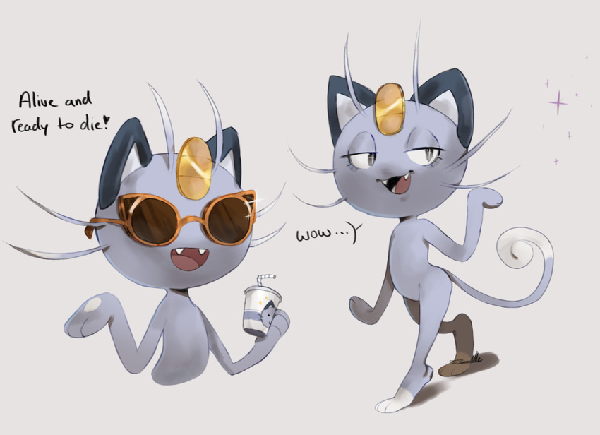 &lt;3 alolan_meowth beverage cat english_text eyewear feline flamboyant half-closed_eyes mammal open_mouth regional_variant semi-anthro simple_background solo speech_bubble sunglasses text white_background zambiie