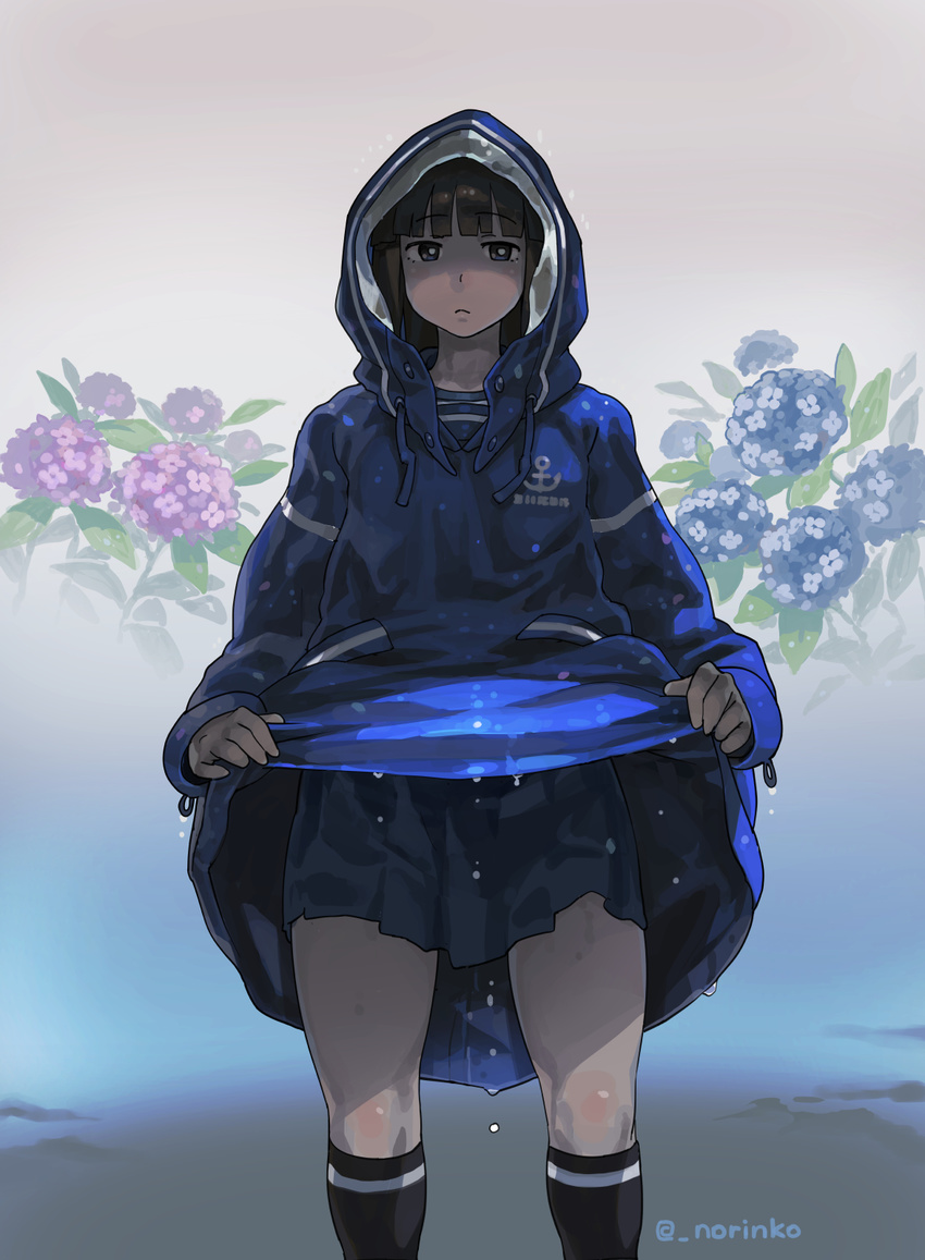 anchor_symbol black_hair black_legwear blue_skirt brown_eyes buttons dripping flower hatsuyuki_(kantai_collection) highres hood hood_up hydrangea kantai_collection leaf long_sleeves norinco plant raincoat raincoat_lift skirt solo twitter_username water_drop wet