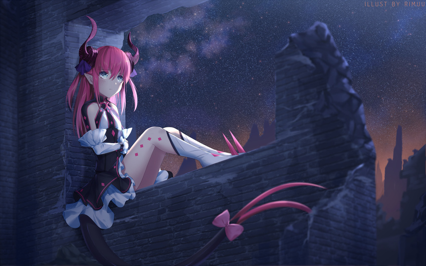 blue_eyes detached_sleeves dragon_horns elizabeth_bathory_(fate) elizabeth_bathory_(fate)_(all) fate/extra fate/extra_ccc fate_(series) horns long_hair night night_sky pointy_ears purple_hair rimuu ruins sitting sky solo star_(sky) starry_sky tail