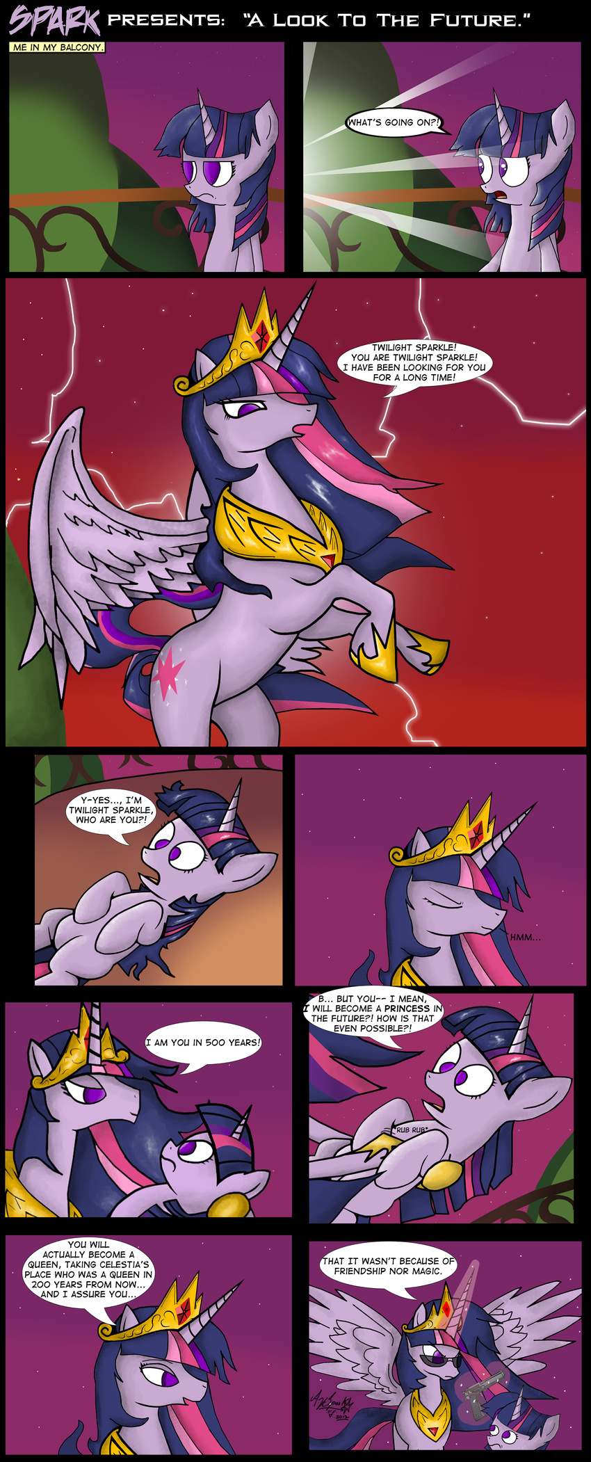 2012 absurd_res comic crown cutie_mark dialogue duo english_text equine female feral friendship_is_magic fur gun hair handgun hi_res horn jewelry landscape lightning_bolt magic mammal multicolored_hair my_little_pony necklace outside pistol purple_eyes purple_fur purple_hair ranged_weapon sky smile text twilight_sparkle_(mlp) unicorn weapon winged_unicorn wings zsparkonequus