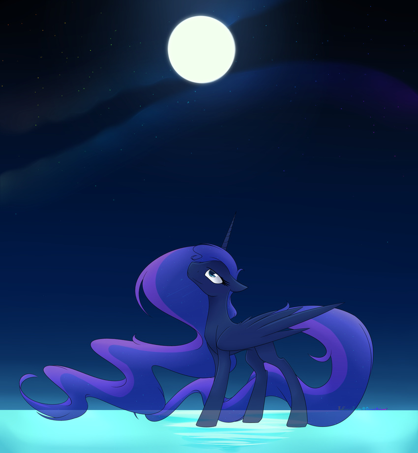 alphaaquilae blue_eyes detailed_background equine eyelashes feathered_wings feathers feral flowing_hair friendship_is_magic hair hooves horn long_hair mammal moon my_little_pony night princess_luna_(mlp) sky smile standing star starry_sky winged_unicorn wings