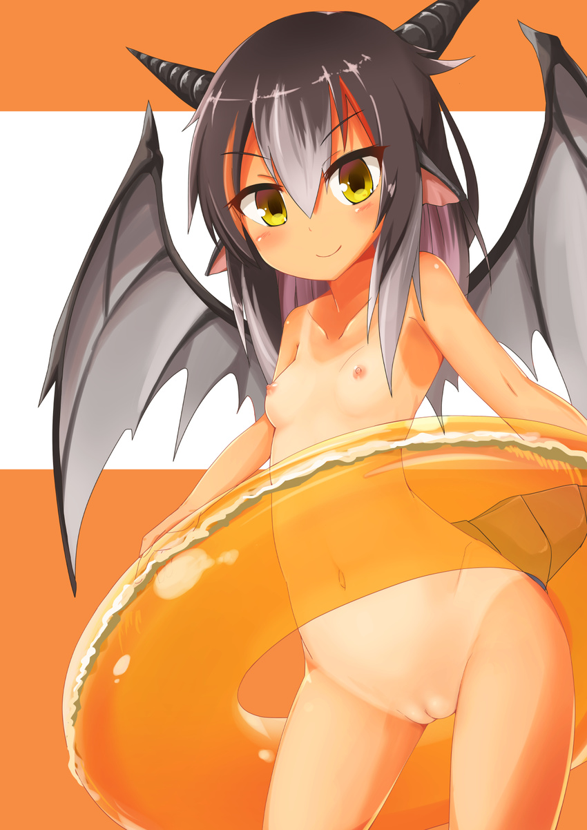 blush breasts clam_shell_(ole_tower) dosu_(doseven) dragon_girl dragon_horns dragon_tail dragon_wings highres horns innertube nipples nude ole_tower pointy_ears pussy small_breasts smile solo standing tail tan tanline wings yellow_eyes
