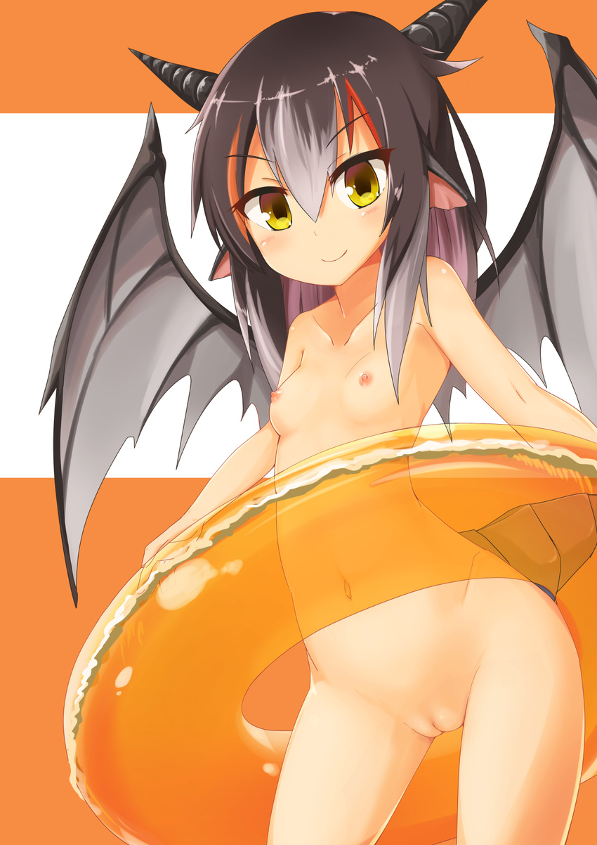 blush breasts clam_shell_(ole_tower) dosu_(doseven) dragon_girl dragon_horns dragon_tail dragon_wings highres horns innertube nipples nude ole_tower pointy_ears pussy small_breasts smile solo standing tail wings yellow_eyes