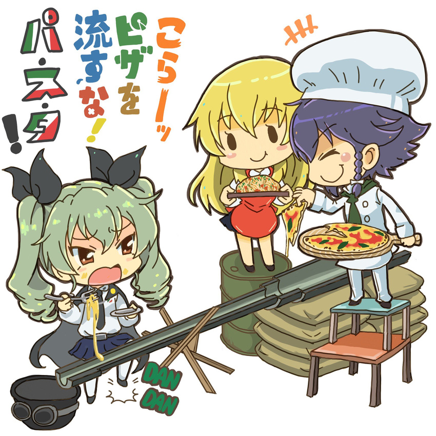 anchovy anzio_school_uniform apron bangs black_hair blonde_hair blouse braid brown_eyes cape carpaccio cheese chef_hat chef_uniform chibi closed_eyes commentary drill_hair drum_(container) extended_barrel eyebrows eyebrows_visible_through_hair food food_on_face fork girls_und_panzer goggles goggles_on_headwear green_hair hair_ribbon hat helmet highres holding_pizza long_hair multiple_girls nagashi_soumen necktie otoufu pantyhose pasta pepperoni_(girls_und_panzer) pizza plate pleated_skirt ribbon sack short_hair skirt stool tapping_foot thighhighs toque_blanche translation_request twin_drills