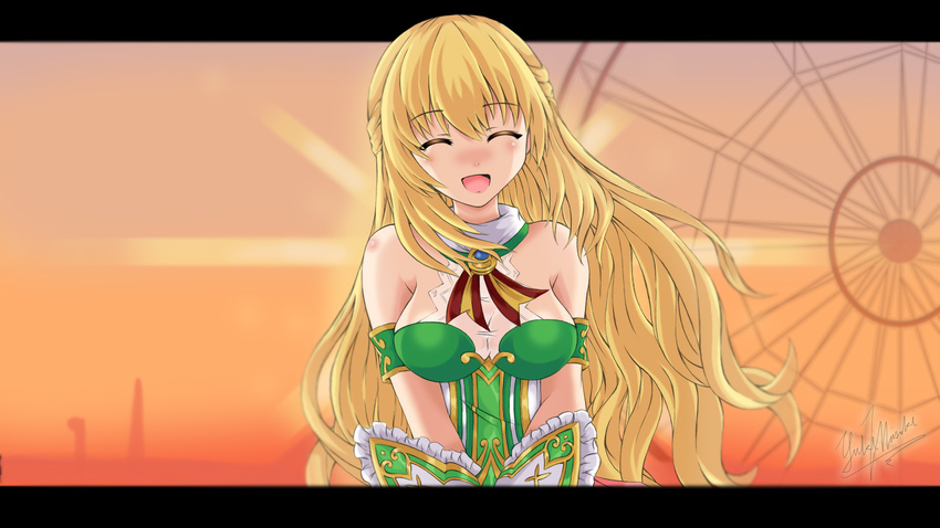 :d bare_shoulders blonde_hair blush breasts cleavage highres large_breasts long_hair looking_at_viewer neptune_(series) open_mouth sky smile solo sun sunset upper_body verniy_misaki vert very_long_hair