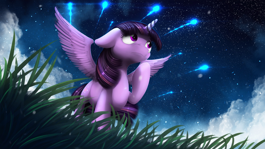 blackligerth cutie_mark equine eyelashes feathered_wings feathers female feral friendship_is_magic fur grass hooves horn mammal my_little_pony night outside purple_eyes purple_feathers purple_fur ridged_horn sky solo star starry_sky twilight_sparkle_(mlp) winged_unicorn wings