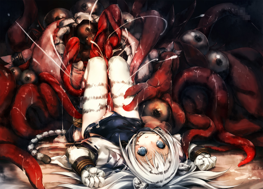 animal_ears ankle_cuffs ankle_wrap barefoot blue_eyes blush breasts capelet censored furry highres hitomaru legs_up leotard leotard_aside long_hair lying monster mosaic_censoring on_back open_mouth original silver_hair small_breasts solo_focus tentacles tiger_ears whiskers