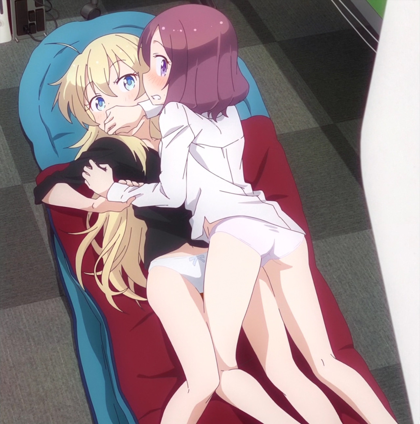 arm_grab ass blonde_hair blue_eyes blush brown_hair caught covering_mouth girl_on_top hand_over_another's_mouth highres leg_between_thighs long_hair looking_back lying multiple_girls new_game! no_pants on_back on_stomach open_mouth panties pink_panties purple_eyes screencap shirt short_hair stitched third-party_edit tooyama_rin underwear white_panties yagami_kou yuri
