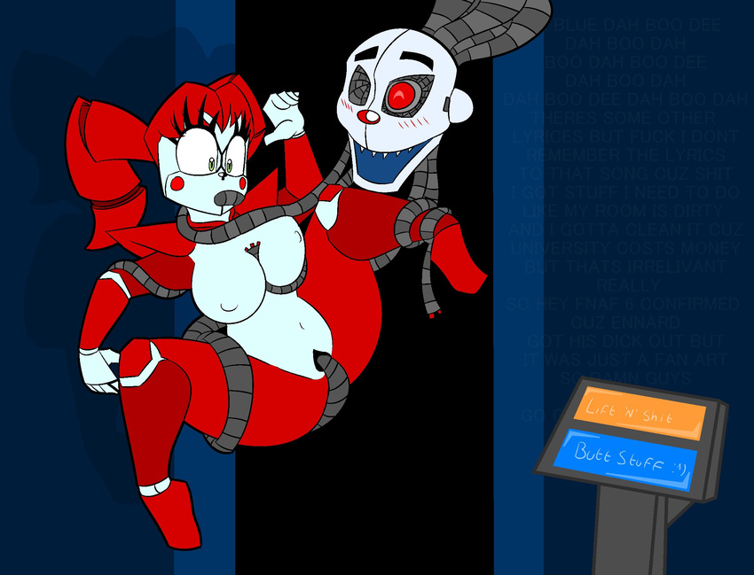 2016 animatronic areola baby_(fnafsl) big_breasts blush breasts butt button_(disambiguation) clothed clothing dialogue digital_media_(artwork) english_text ennard_(fnafsl) exposed_breasts female five_nights_at_freddy's hair happy happy_sex hi_res huge_breasts humanoid machine nipples not_furry open_mouth oral penetration pussy robot sex simple_background sister_location spread_legs spreading tentacles text theicedwolf thick_thighs titfuck vaginal vaginal_penetration video_games