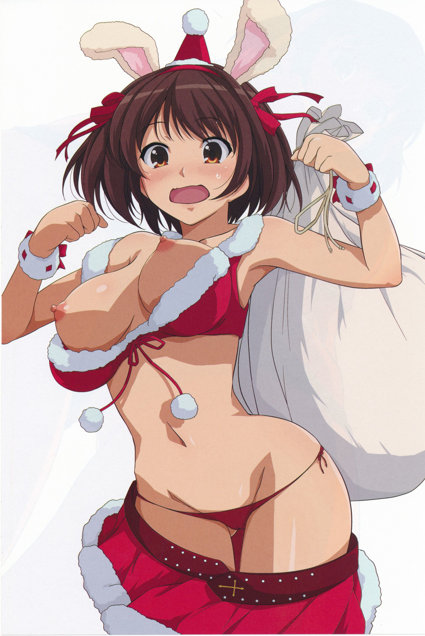 absurdres alternate_costume animal_ears armpits ass_visible_through_thighs bare_shoulders belt bleed_through blush bouncing_breasts breasts breasts_outside brown_eyes brown_hair bunny_ears embarrassed fur_trim hair_ribbon hairband haruhisky hat highres looking_at_viewer medium_breasts navel nipples panties party_hat pom_pom_(clothes) red_hat red_panties red_ribbon red_skirt ribbon santa_costume scan scan_artifacts short_hair simple_background skirt skirt_pull solo stomach suzumiya_haruhi suzumiya_haruhi_no_yuuutsu sweatband sweatdrop thigh_gap unaligned_breasts underwear wardrobe_malfunction white_background