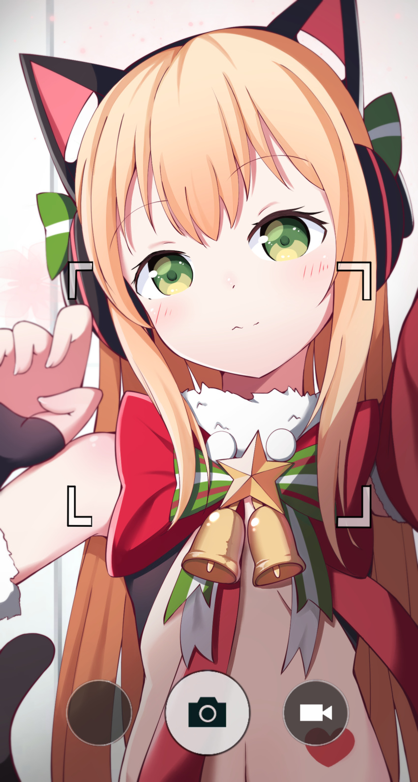 1girl absurdres animal_ears bangs bare_shoulders bell black_sleeves blonde_hair blush bow cat_ear_headphones cat_ears closed_mouth eyebrows_visible_through_hair fingernails fur_collar girls_frontline green_bow green_eyes head_tilt headphones heart highres long_hair looking_at_viewer outstretched_arm reaching_out red_bow self_shot sleeves_past_wrists solo starfox1015 striped striped_bow tmp_(girls_frontline) very_long_hair viewfinder