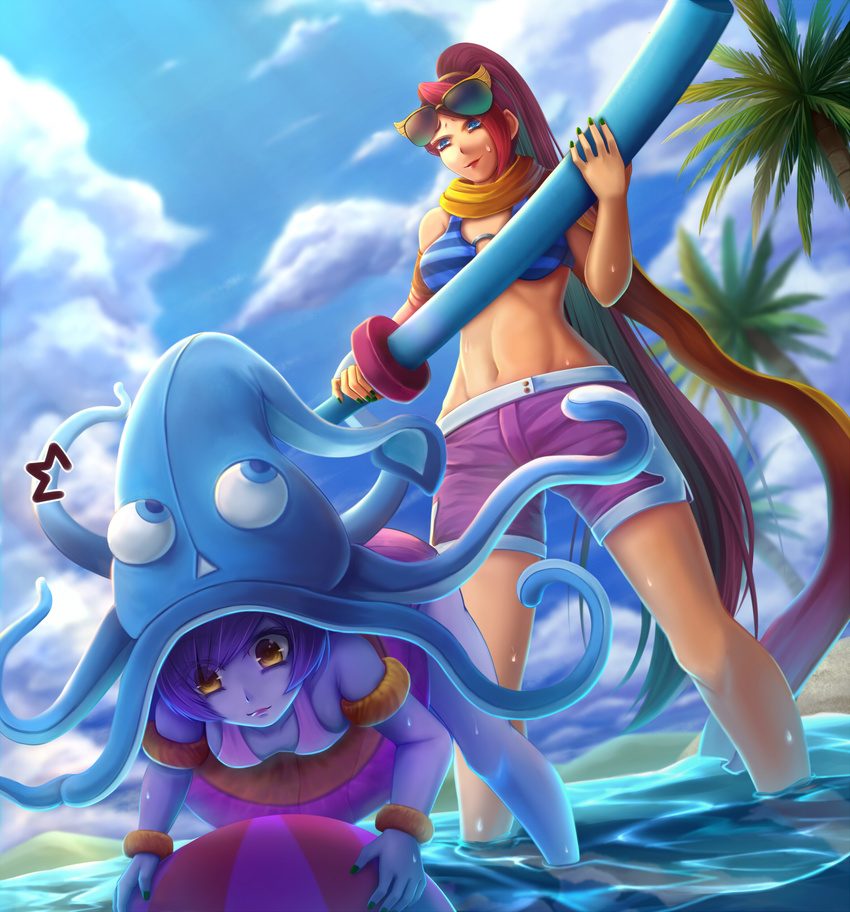 alternate_costume ball beachball bikini_top commentary english_commentary fiora_laurent hat highres league_of_legends long_hair lulu_(league_of_legends) midriff multiple_girls navel oldlim palm_tree pool_party_fiora pool_party_lulu purple_skin shorts squid_hat swimsuit tree very_long_hair water yellow_eyes