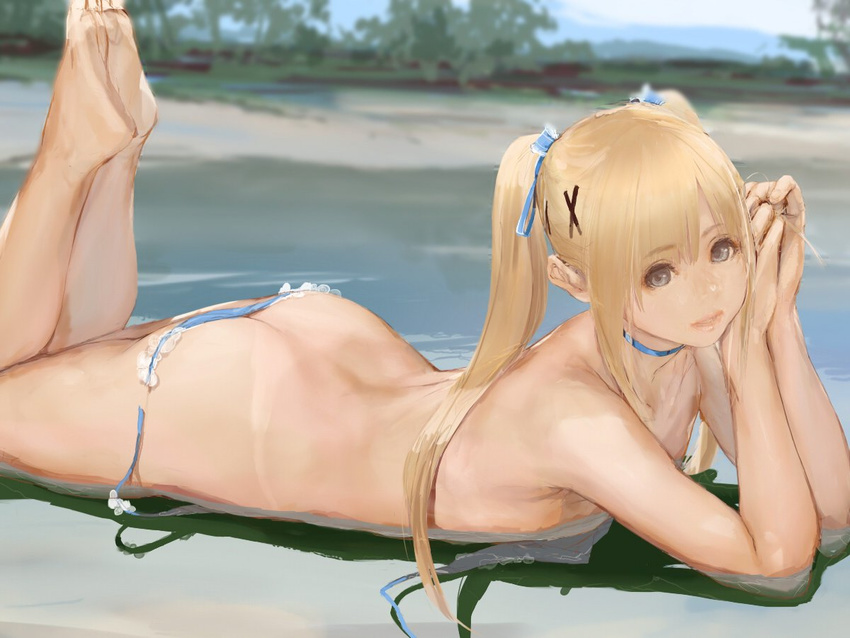 ass bad_id bad_twitter_id barefoot beach bikini_bottom blonde_hair blue_eyes choker day dead_or_alive earrings hair_ornament jewelry lying marie_rose mumaya on_stomach outdoors partially_submerged solo tan tanline topless twintails water