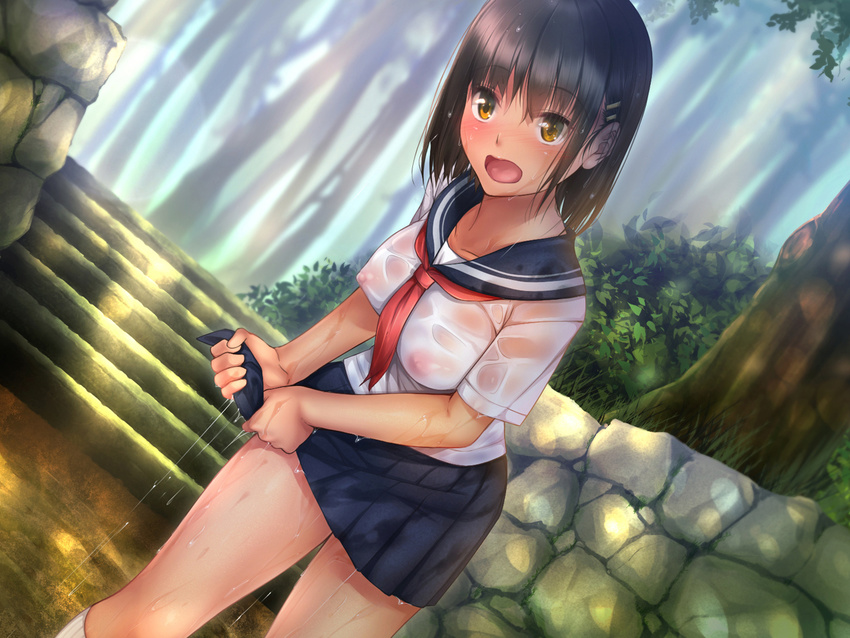 1girl areolae black_hair blue_skirt blush breasts drying dutch_angle erect_nipples eyebrows eyebrows_visible_through_hair forest full-face_blush highres jirou_(chekoro) large_breasts legs looking_at_viewer natsuiro_otome nipples open_mouth original outdoors sailor_collar school_uniform see-through short_hair skirt solo standing thighs water wet wet_clothes wringing yellow_eyes