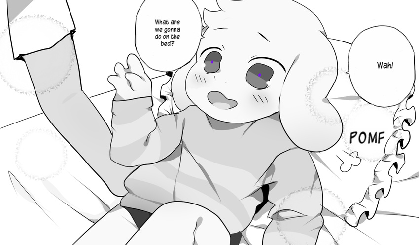 anthro asriel_dreemurr bed blush boss_monster caprine child clothed clothing crybleat dialogue duo faceless_male fur goat long_ears male mammal meme open_mouth pillow pomf purple_eyes smile sweater text tuft undertale video_games white_fur young