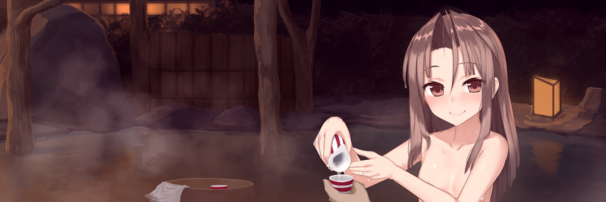 akai_ronii alcohol alternate_hairstyle bangs bath blush bottle brown_eyes collarbone commentary_request cup flat_chest hair_down jewelry kantai_collection light_brown_hair long_hair looking_at_viewer nude onsen out_of_frame pouring pov pov_hands ring sake smile solo_focus water wedding_band wet zuihou_(kantai_collection)