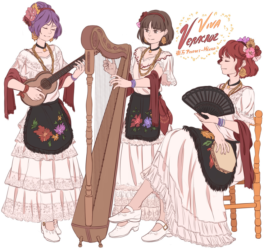 3girls apron bracelet brown_eyes brown_hair chair closed_eyes collarbone commentary dress earrings fan flower folding_fan hair_flower hair_ornament hair_up hairband harp highres horikawa_raiko instrument jewelry leona_(instrument) mefomefo mexican_dress mexico multiple_girls music necklace playing_instrument purple_hair red_hair shoes short_hair simple_background sitting standing tambourine touhou tsukumo_benben tsukumo_yatsuhashi white_background white_dress white_shoes
