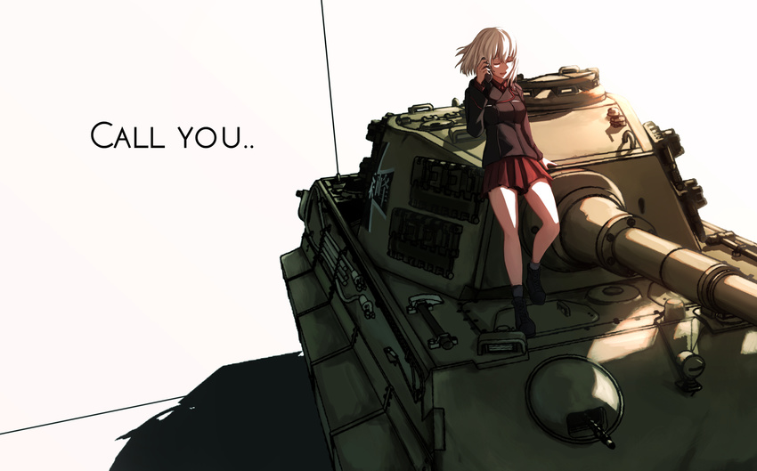 ankle_boots arm_support bangs black_footwear black_jacket black_legwear boots cellphone closed_eyes dress_shirt emblem english garrison_cap girls_und_panzer ground_vehicle hat highres holding holding_phone itsumi_erika jacket kuromorimine_(emblem) kuromorimine_military_uniform leaning_back long_hair long_sleeves military military_uniform military_vehicle miniskirt motor_vehicle on_vehicle phone pleated_skirt red_shirt red_skirt shadow shirt silver_hair skirt solo standing tank therj tiger_ii uniform white_background wind