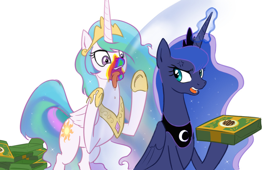 2016 angry blue_eyes blue_feathers blue_fur blue_hair box crown cutie_mark duo equine feathered_wings feathers female feral friendship_is_magic fur hair horn jewelry magic mammal multicolored_hair my_little_pony necklace open_mouth princess_celestia_(mlp) princess_luna_(mlp) purple_eyes simple_background ta-na tongue tongue_out white_background white_feathers white_fur winged_unicorn wings