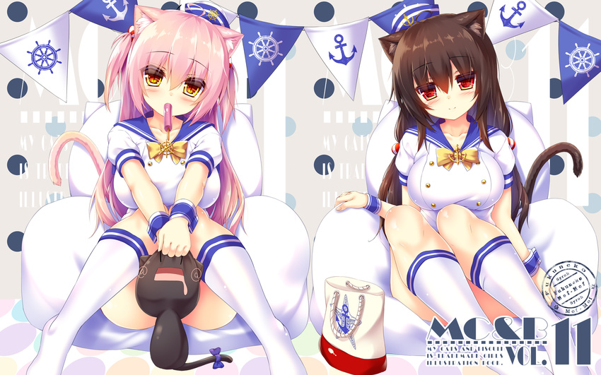 animal_ears black_hair cat cat_ears cat_tail dress highres long_hair mia_flatpaddy multiple_girls original pink_hair red_eyes sailor_dress shia_flatpaddy syroh tail yellow_eyes