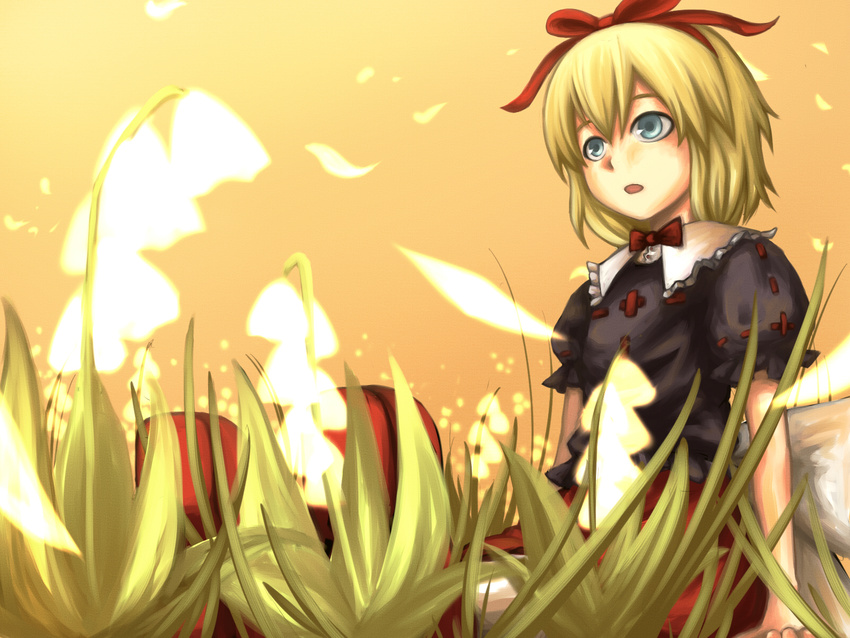 blonde_hair blue_eyes flower highres katagi_ren lily_of_the_valley medicine_melancholy petals sitting solo touhou wallpaper