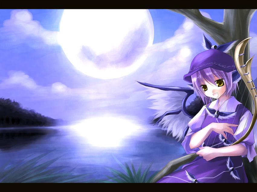 animal_ears asahina dress full_moon grass harp hat highres instrument lake moon moonlight mystia_lorelei open_mouth purple_hair reflection short_hair solo touhou tree wings yellow_eyes