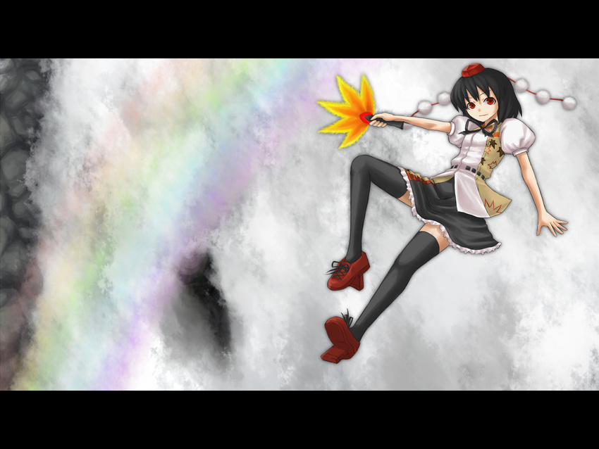 geta highres katagi_ren looking_at_viewer shameimaru_aya solo tengu-geta thighhighs touhou wallpaper