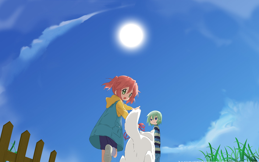 cherry_(dog) cherry_(lucky_star) dog highres iwasaki_minami kobayakawa_yutaka lucky_star sky