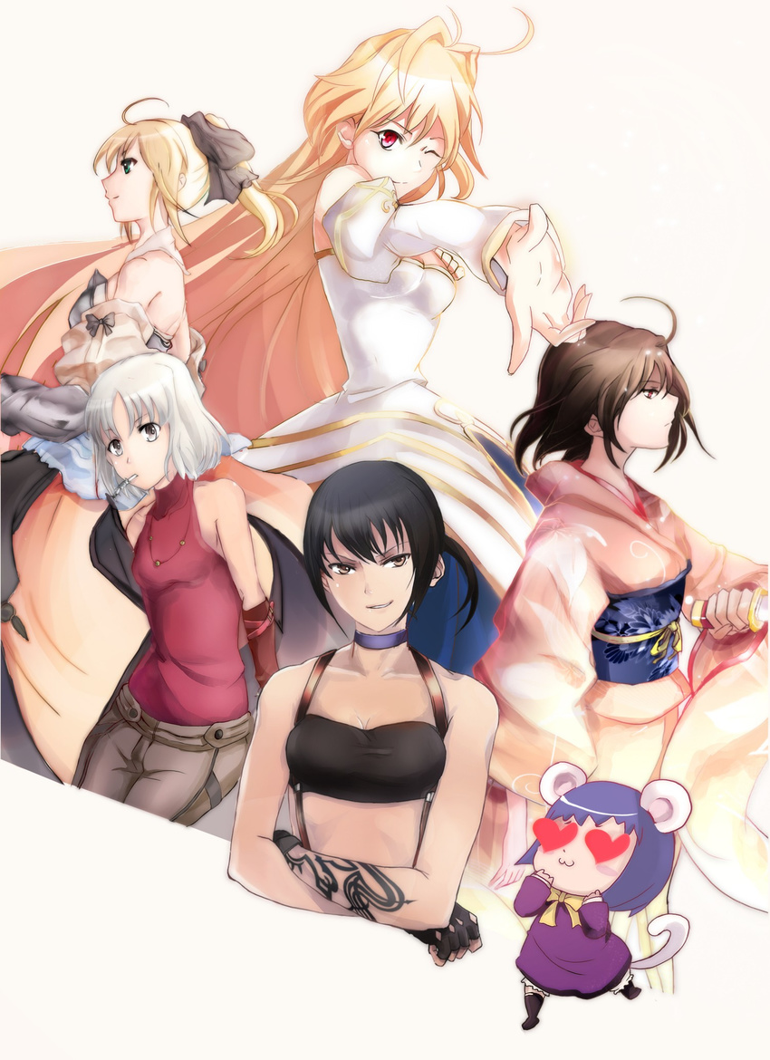 6+girls alphard archetype_earth arcueid_brunestud armor armored_dress artoria_pendragon_(all) bad_id bad_pixiv_id black_hair blonde_hair brown_eyes brown_hair canaan canaan_(character) company_connection crossover detached_sleeves dress fate/stay_night fate/unlimited_codes fate_(series) fingerless_gloves gloves green_eyes grey_eyes heart highres japanese_clothes kara_no_kyoukai kimono kio_sayuki liang_qi mouth_hold multiple_girls one_eye_closed ponytail red_eyes ryougi_shiki saber saber_lily sakamoto_maaya seiyuu_connection sleeveless sleeveless_turtleneck smirk tattoo tsukihime turtleneck type-moon white_hair