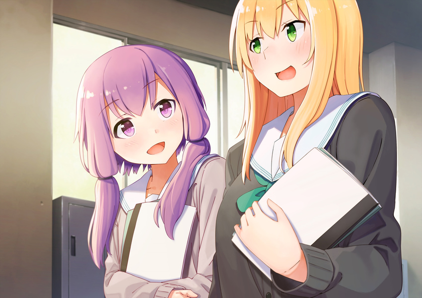 :d blonde_hair bow bowtie dacchi eyebrows eyebrows_visible_through_hair green_bow green_eyes green_neckwear hair_between_eyes highres holding indoors locker long_hair long_sleeves looking_at_another multiple_girls open_mouth purple_eyes purple_hair school_uniform short_hair_with_long_locks sidelocks smile sweater talking tsurumaki_maki vocaloid voiceroid window yuzuki_yukari