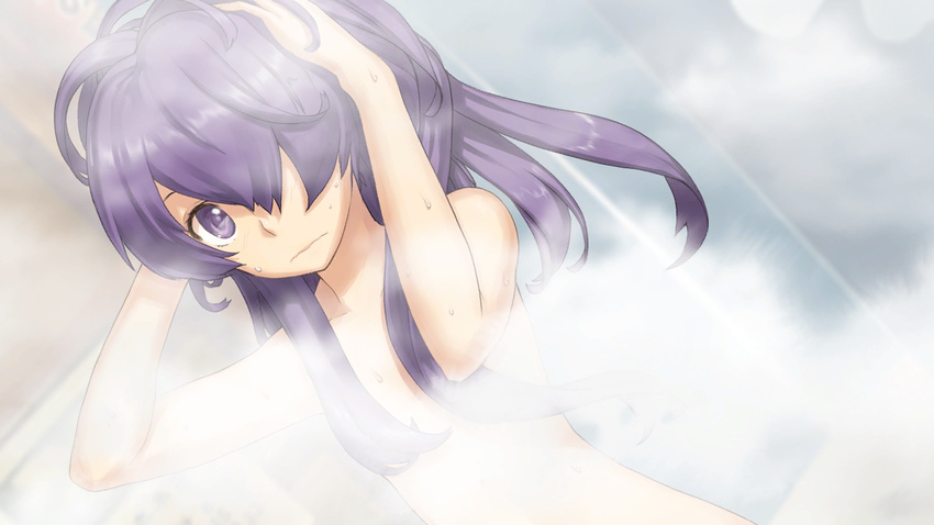 ar_tonelico ar_tonelico_iii bathing closed_mouth cocona_vatel dutch_angle game_cg hair_censor hair_over_one_eye hands_in_hair long_hair looking_at_viewer nagi_ryou nude official_art purple_eyes purple_hair solo spoilers steam wavy_mouth