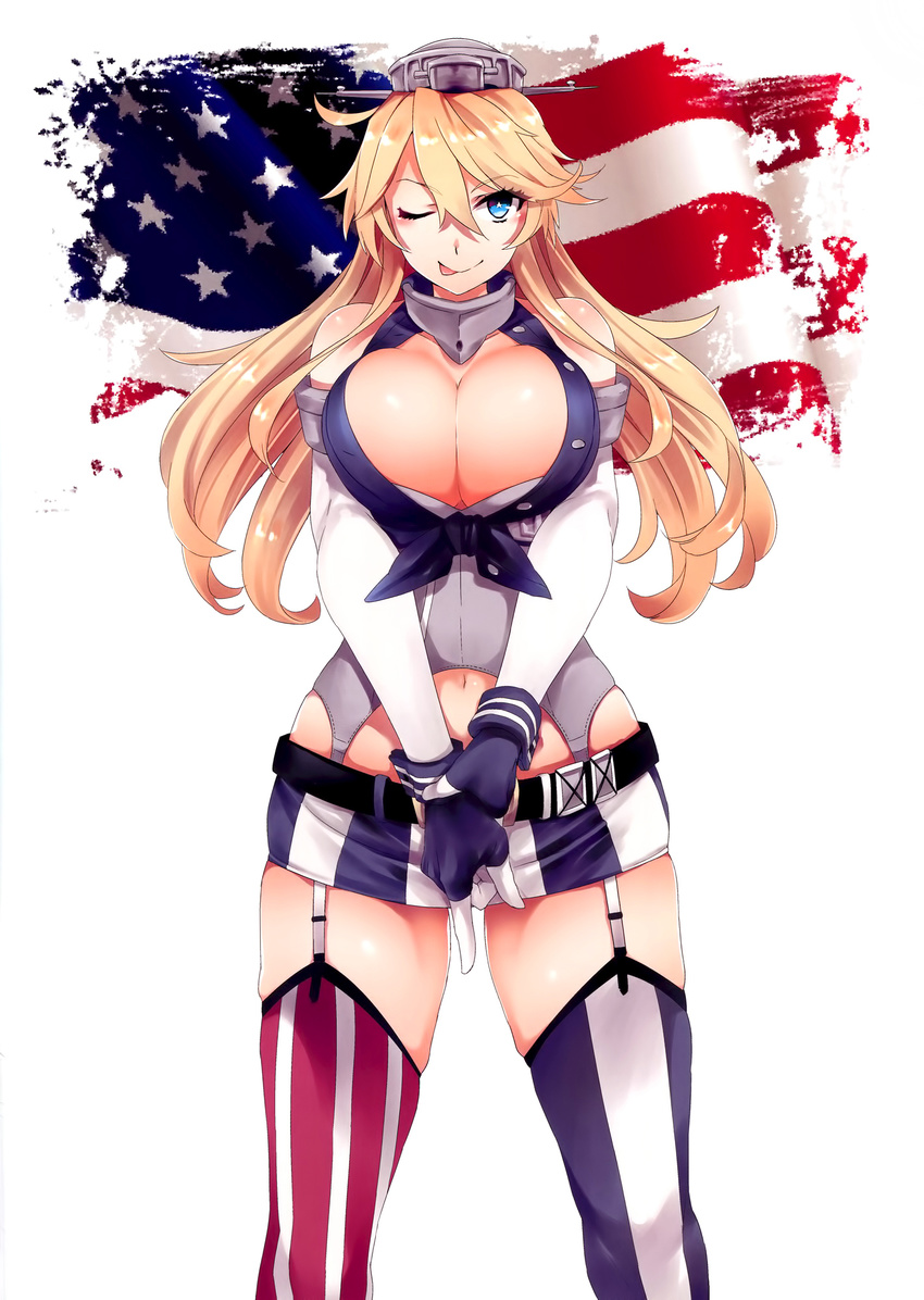 :p ;) american_flag american_flag_legwear belt blonde_hair blue_eyes blue_gloves breasts elbow_gloves fingerless_gloves garter_straps gloves hair_between_eyes hat highres ichitaka iowa_(kantai_collection) kantai_collection large_breasts long_hair looking_at_viewer miniskirt navel one_eye_closed scan shirt sidelocks skirt smile solo star star-shaped_pupils striped symbol-shaped_pupils thighhighs tied_shirt tongue tongue_out vertical-striped_skirt vertical_stripes white_gloves