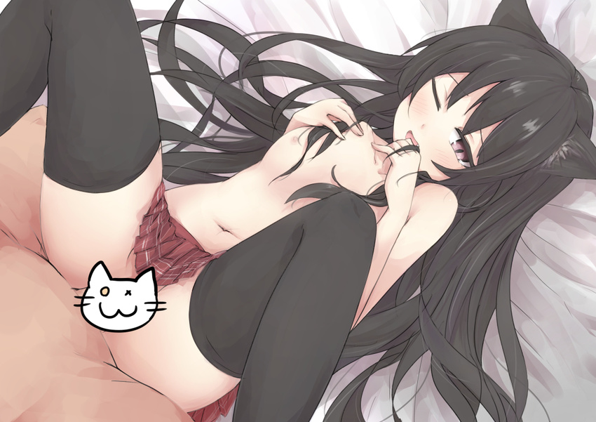 1girl :3 animal_ears bangs black_hair black_legwear blush cat_ears censored collarbone eyebrows eyebrows_visible_through_hair fang flat_chest hands_on_own_chest hands_up hetero long_hair lying naked_skirt navel nipples no_panties novelty_censor o_x on_back one_eye_closed open_mouth original pleated_skirt purple_eyes raikou_(gotaishu) red_skirt sex skirt solo_focus spread_legs stomach thighhighs topless vaginal