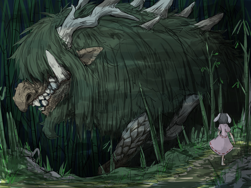 animal_ears bamboo bamboo_forest barefoot big_nose black_hair bunny_ears bunny_girl dress ex-keine forest fur hakutaku horns inaba_tewi kamishirasawa_keine kamishirasawa_keine_(hakutaku) kan_(aaaaari35) monster nature pink_dress pointy_ears sharp_teeth short_sleeves solo_focus teeth touhou