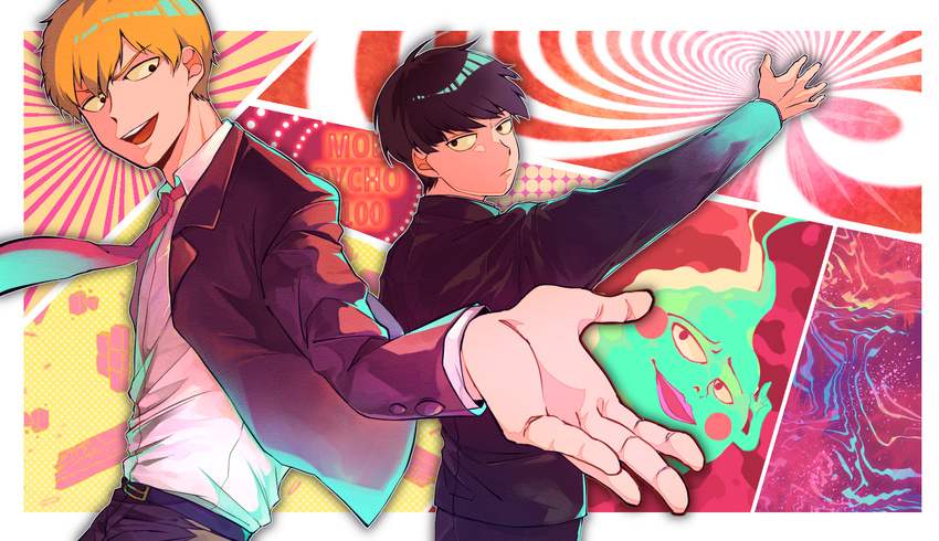 :d black_eyes black_hair black_jacket black_pants business_suit collared_shirt ekubo_(mob_psycho_100) formal gakuran highres jacket kageyama_shigeo long_sleeves male_focus mob_psycho_100 morishiki multiple_boys necktie open_clothes open_jacket open_mouth orange_hair pants pink_neckwear reigen_arataka school_uniform shirt smile suit v-shaped_eyebrows white_shirt